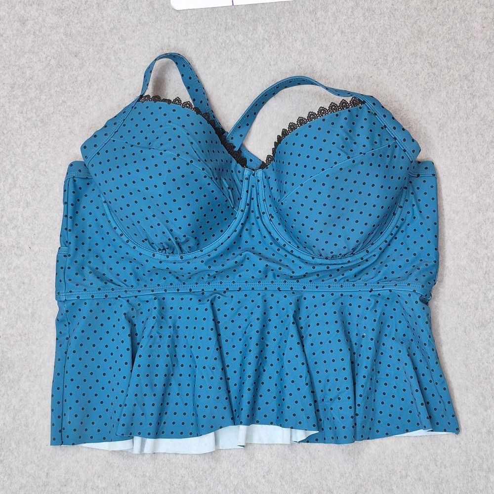 Terra & Sky Women Swimwear 1X Blue Tankini Top Polka Dot Longline Ruffle NWT